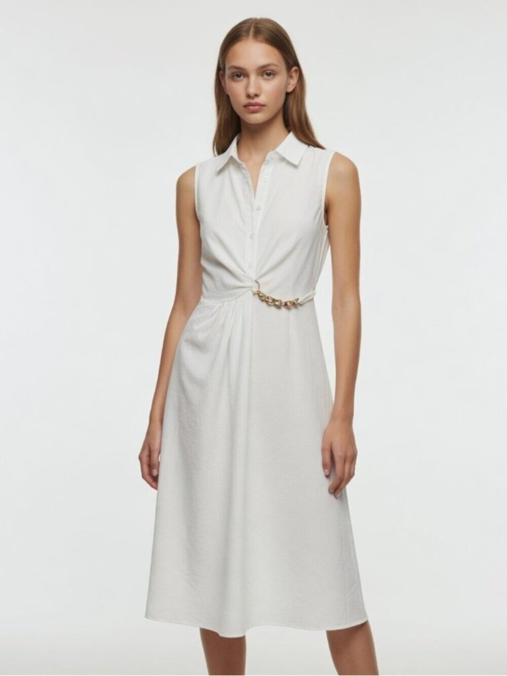 SHEIN White Twist Front Chain Detail Sleeveless Shirt Midi Dress M 0876